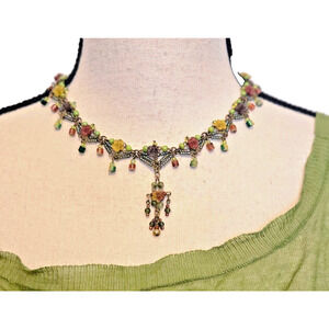 Vintage Signed COLLEEN TOLAND Flower Glass Brads Necklace Earrings Green Brown